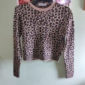 Zara Beige and Black Leopard-Print Crewneck Sweater with Metallic Trim